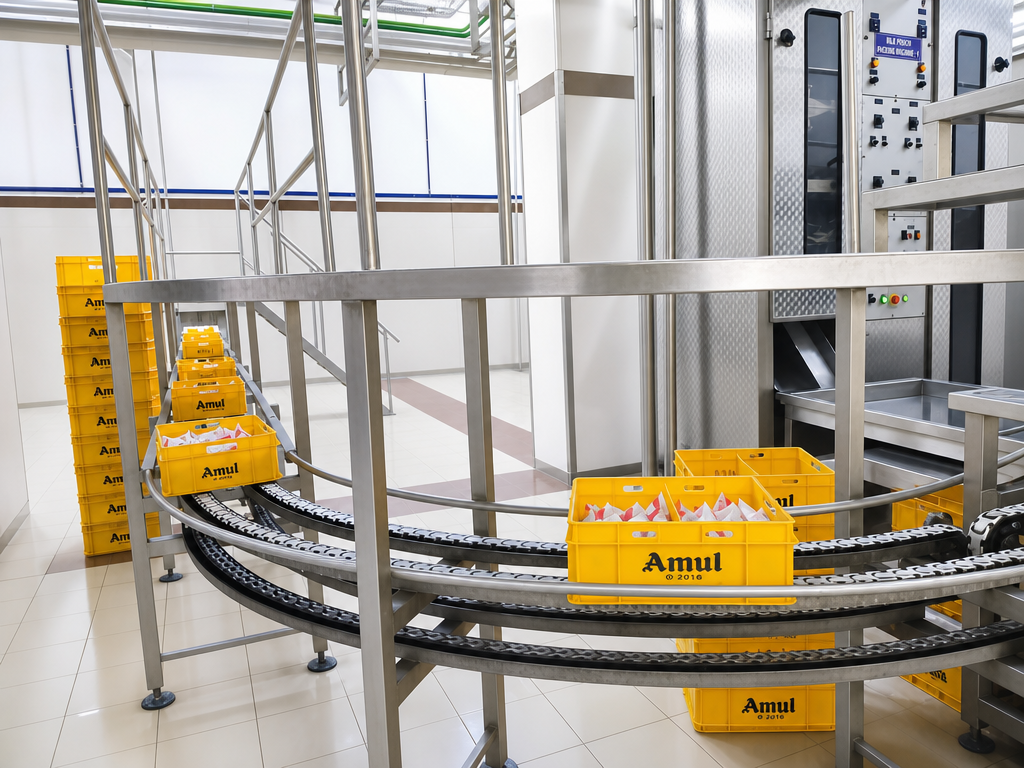 Pouch packing line with crate conveyor system by ATMAN Group