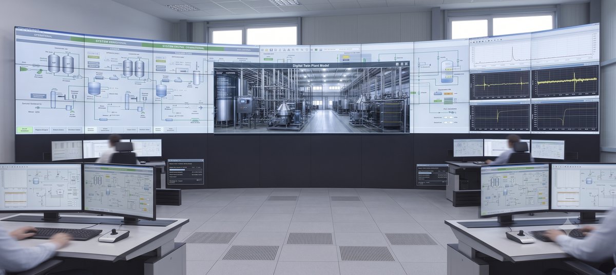 Digital twin plant control room with live process dashboards — ATMAN Industrial Automation